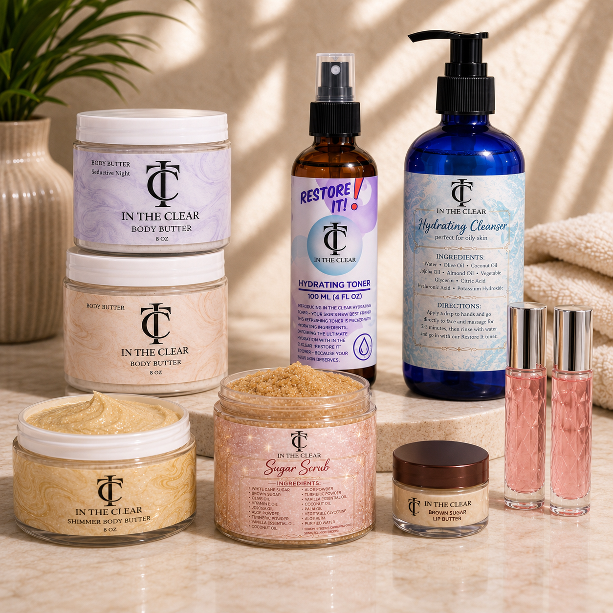 Lustrous Glossy Daily Skin Care Bundle- Face & Body Care Set with Cleanser, Sugar Scrub, 3 Body Butters, Toner