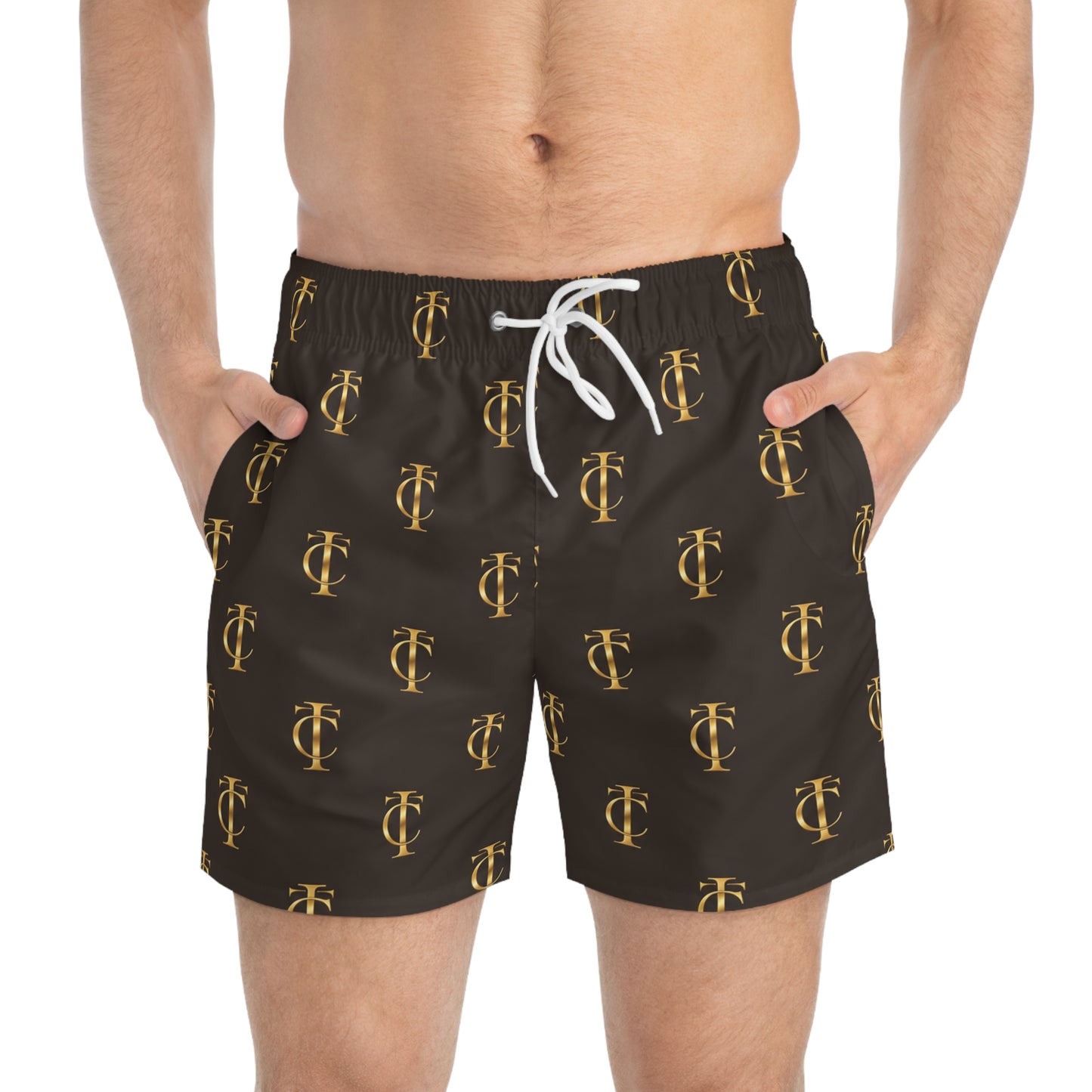 Luxury Gold Monogram Swim Trunks — Luxury Logo All-Over Print